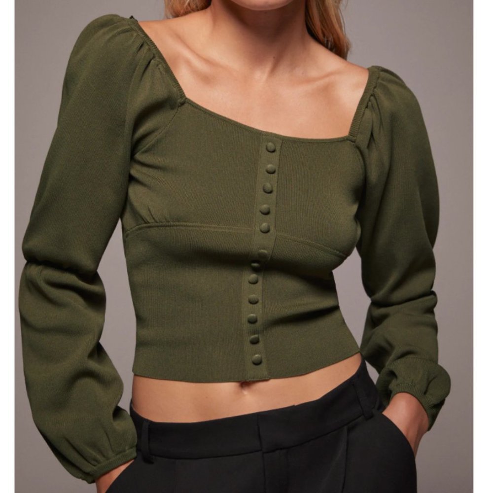 ZARA KNIT BANDAGE OLIVE GREEN BUTTON TOP WITH BALLOON SLEEVES